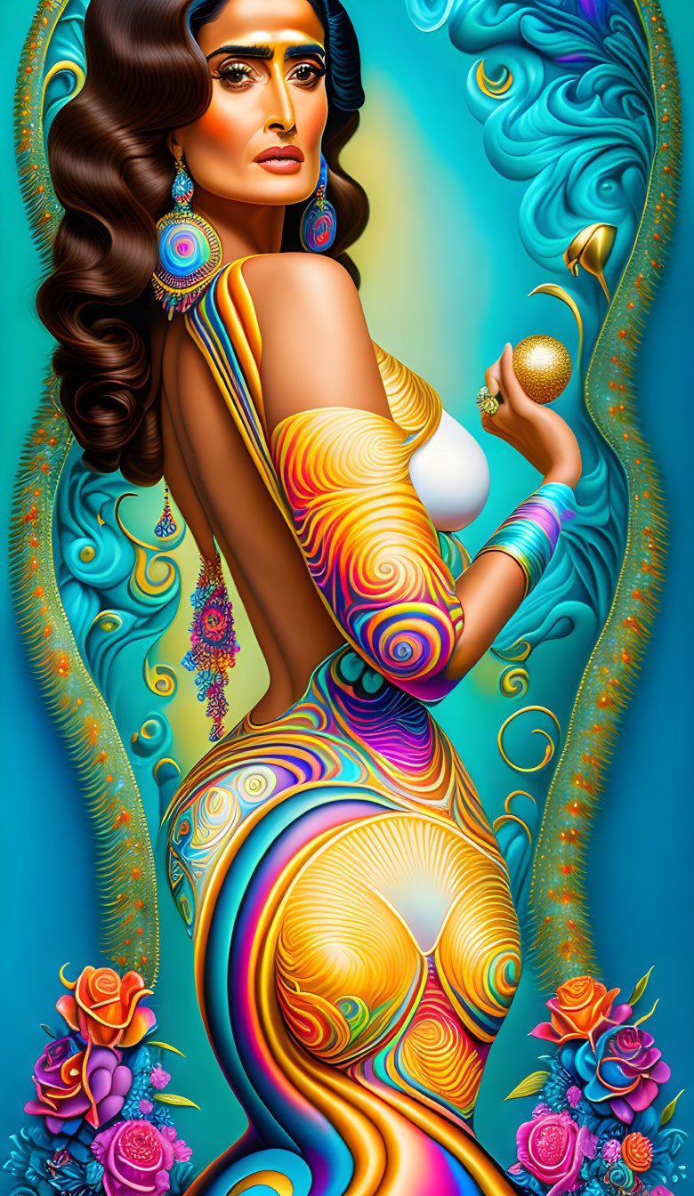 Colorful digital art of stylized woman with intricate patterns and golden orb on turquoise background