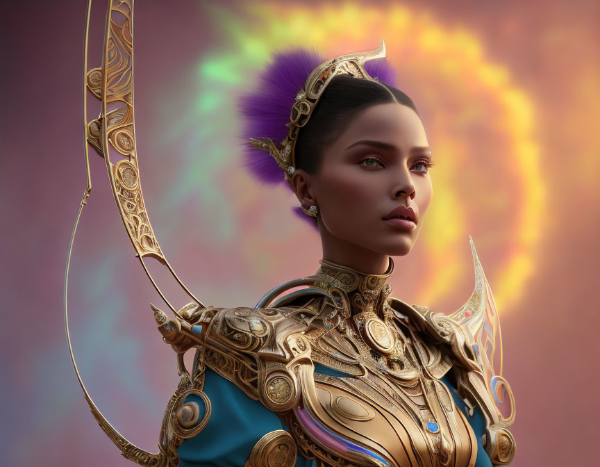 Regal woman in golden armor with fiery halo effect.