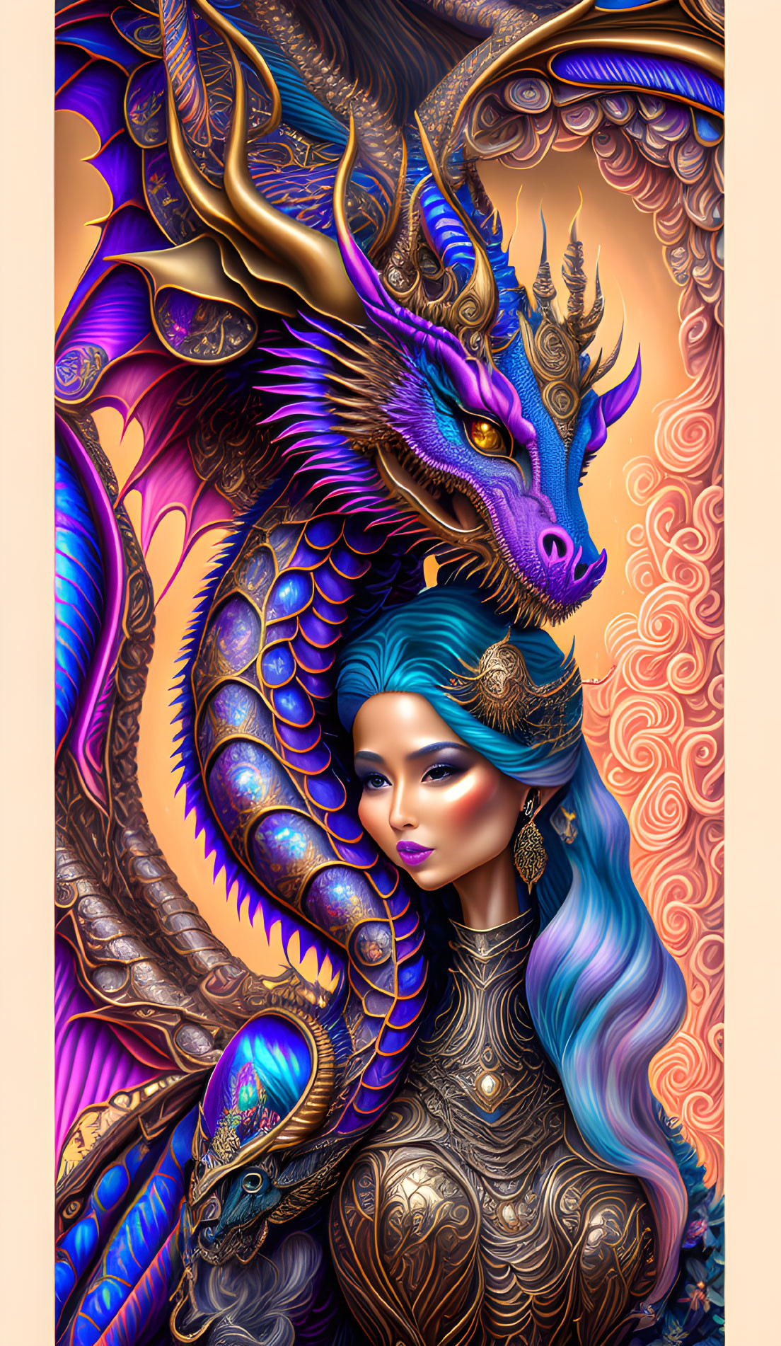 Colorful Illustration: Woman with Blue Hair and Ornate Dragon