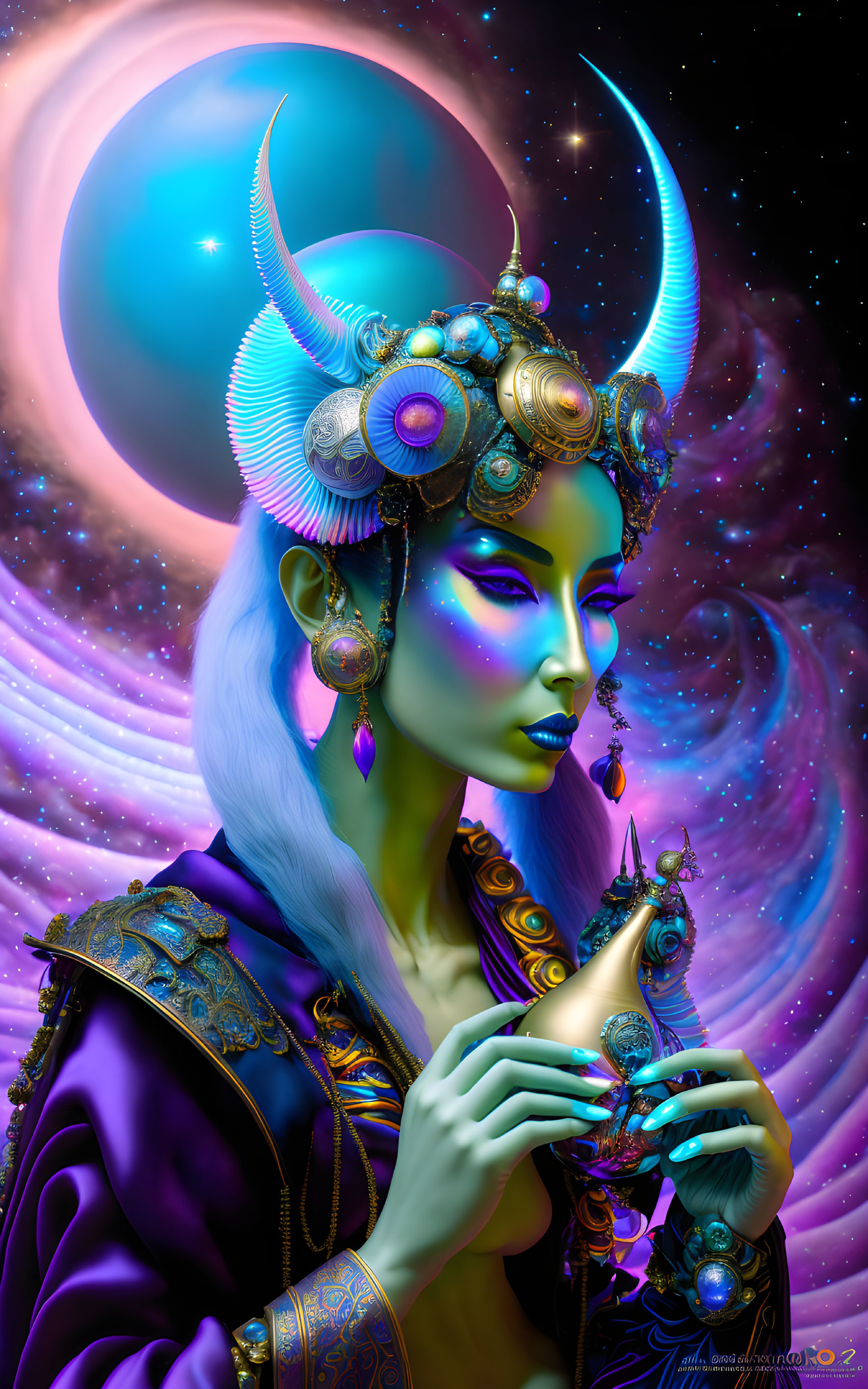 Blue-skinned female figure with horned headdress in cosmic setting