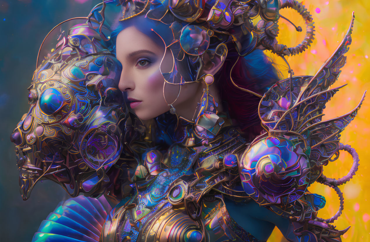 Detailed Iridescent Armor with Bubble-like Patterns on Woman against Colorful Background