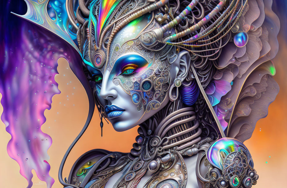 Colorful digital artwork: Female figure with futuristic designs, metallic textures.