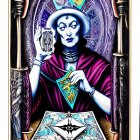 Mystical figure with multiple arms holding tarot cards in purple and gold cosmic setting