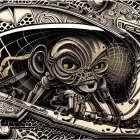 Detailed black and white drawing of fantastical creature in ornate mechanical framework