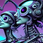 Detailed Cybernetic Creatures with Mechanical Structures on Purple Background