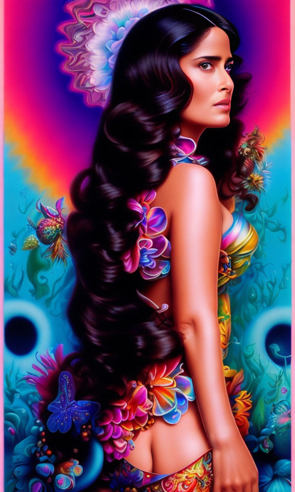 Curly-Haired Woman Against Psychedelic Floral Background