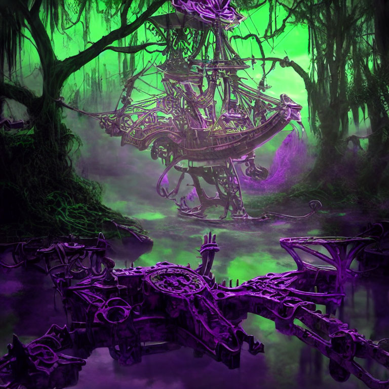 Ethereal overgrown ship in purple and green swamp