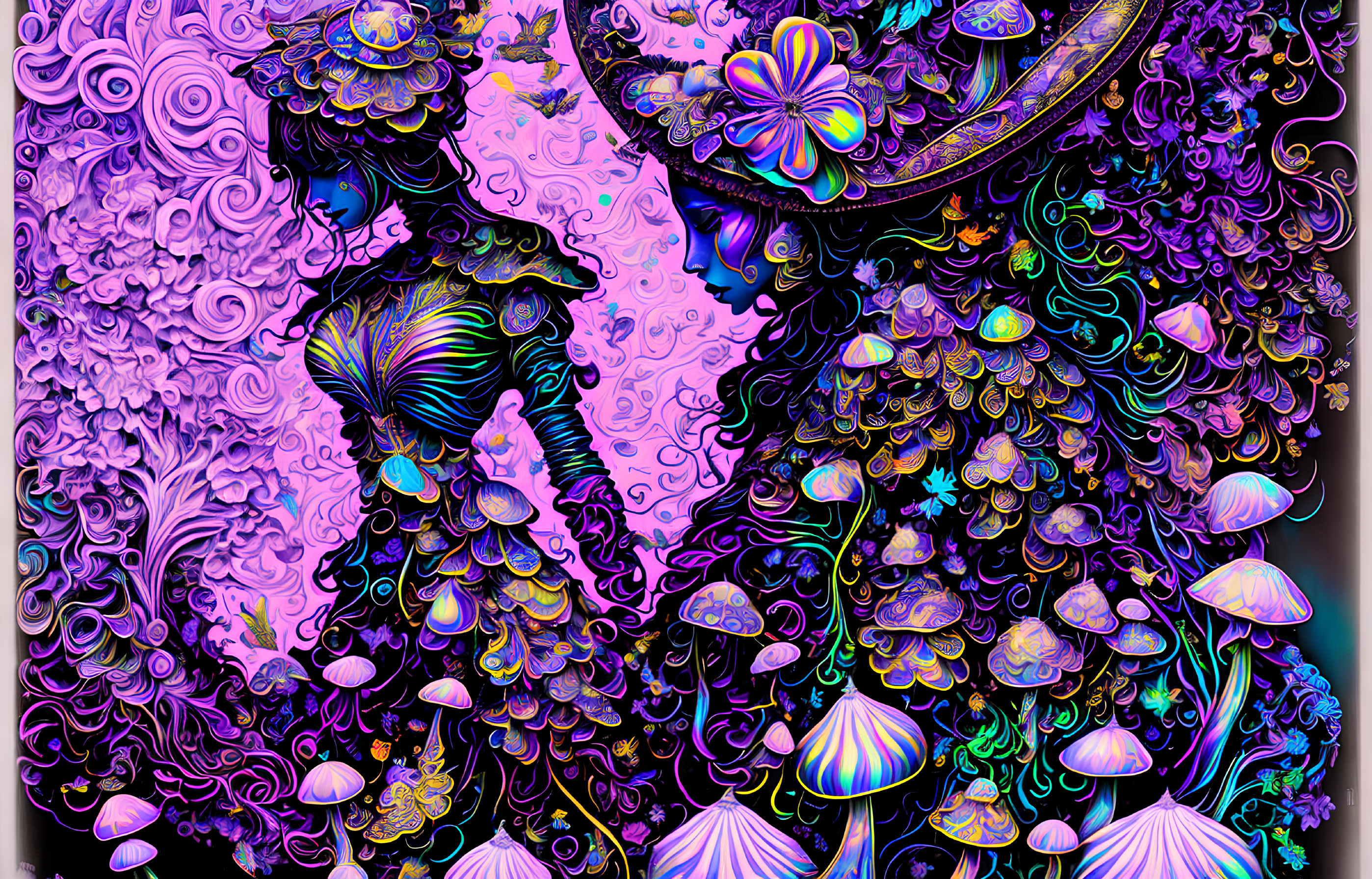 Colorful Psychedelic Artwork: Two Figures with Mushroom and Nature Motifs