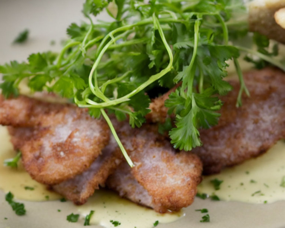 Crispy breaded meat cutlets with parsley and lemon butter sauce