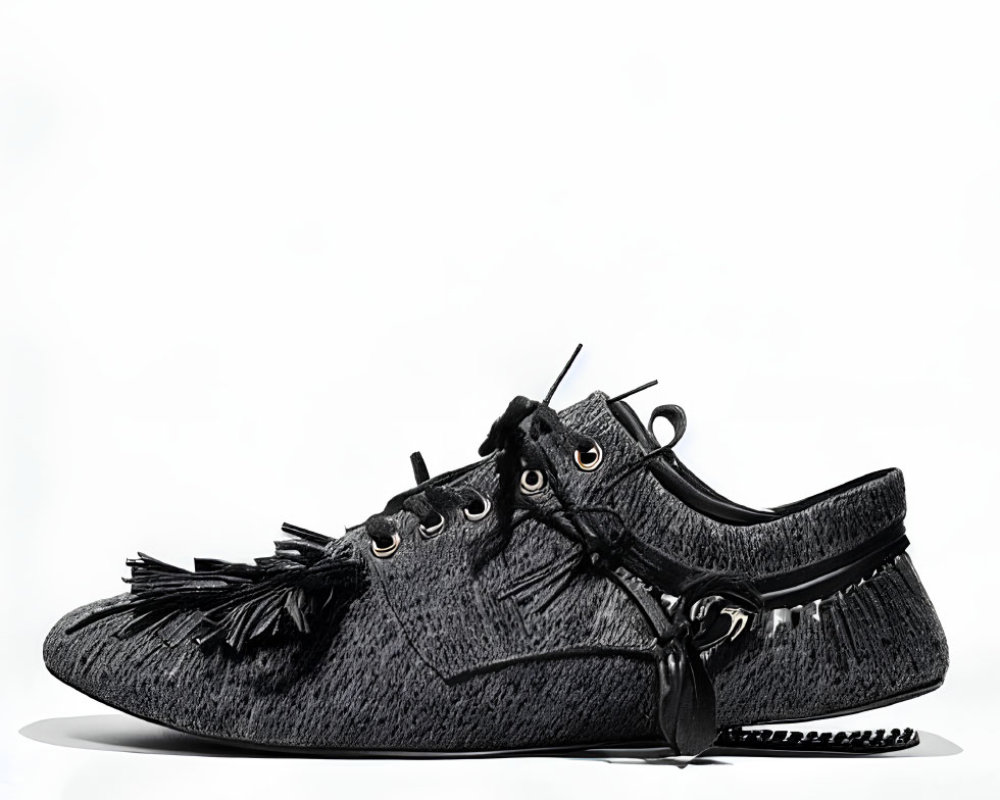 Black Fringe Loafers with Laces and Textured Upper on White Background