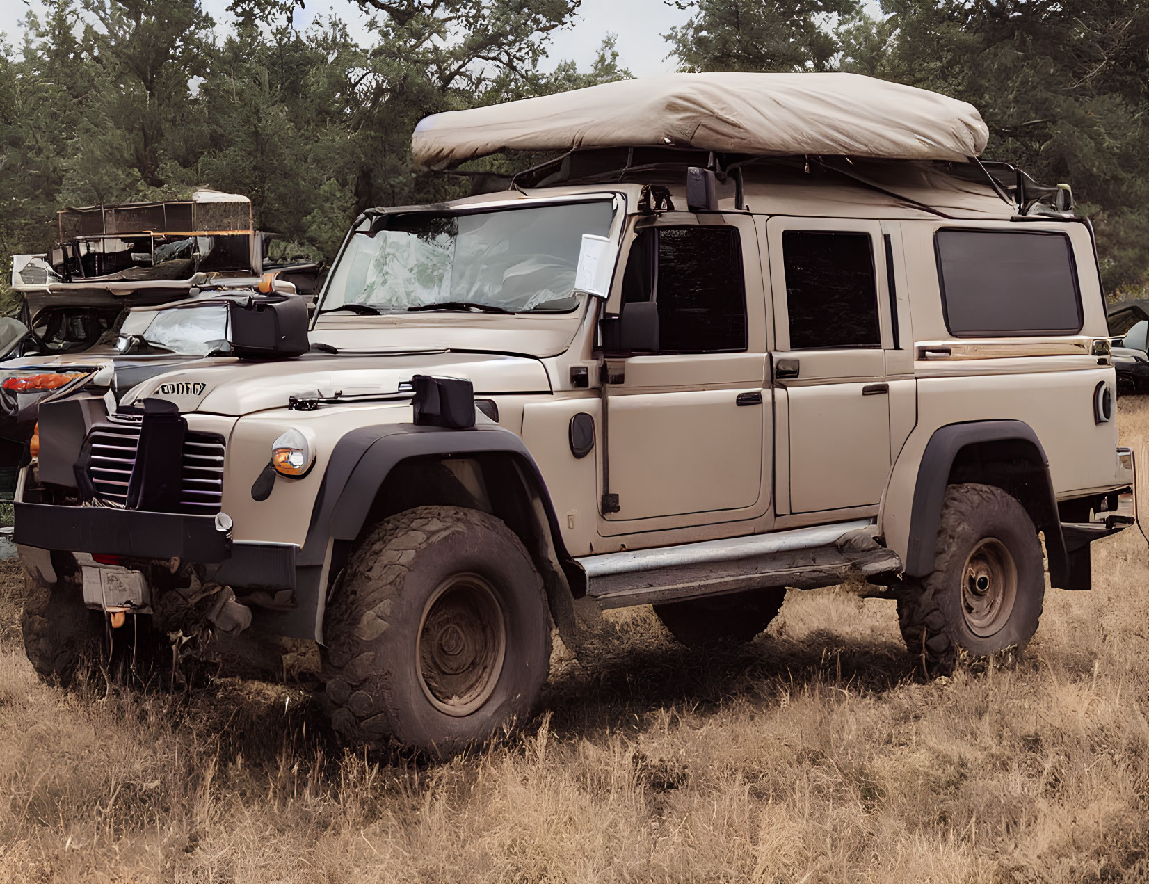 Beige off-road vehicle with roof tent in woodland setting