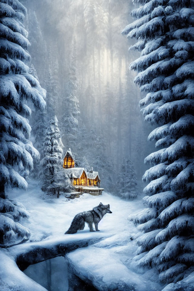 Snow-covered stream, lone wolf, cabin, pine trees, misty forest scene