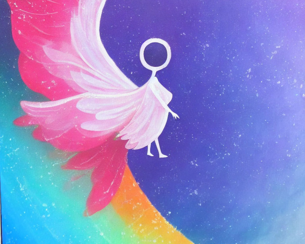 Stylized figure with circular head in pink dress on rainbow with pink feathered wing against blue star