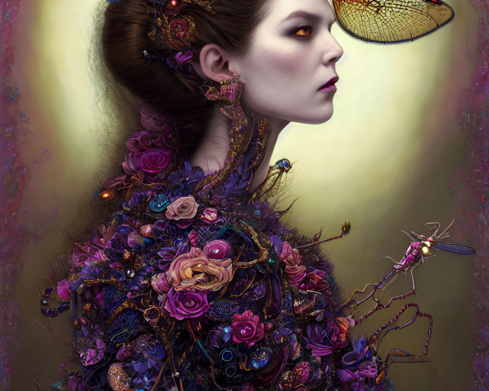 Digital artwork of woman adorned in ornate floral garments and insect hair accessories in mystical ambiance