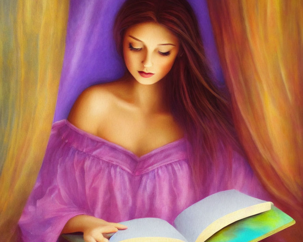 Long-haired woman in purple reading book against colorful backdrop