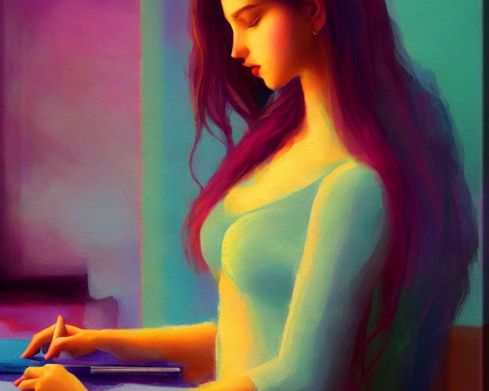 Vibrant illustration of woman with long hair in pink and purple hues