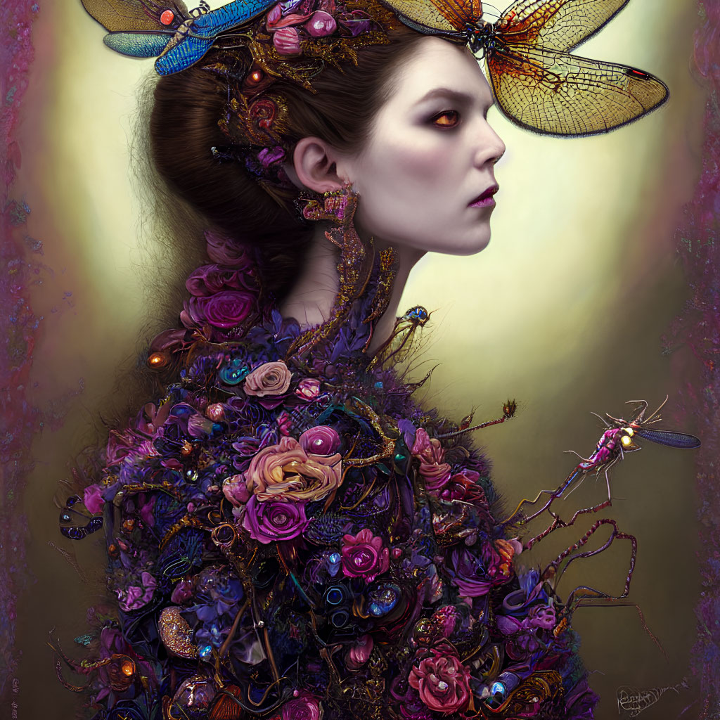 Digital artwork of woman adorned in ornate floral garments and insect hair accessories in mystical ambiance