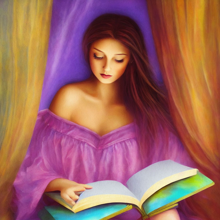 Long-haired woman in purple reading book against colorful backdrop