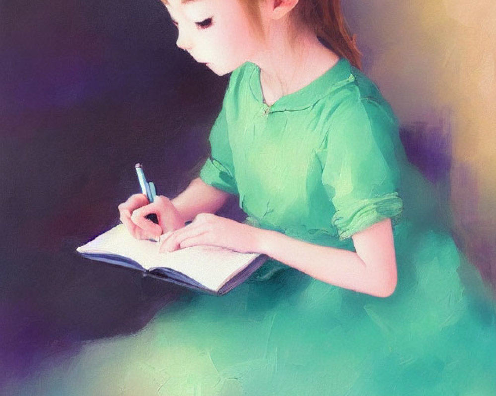 Young girl in green dress writing in notebook against colorful backdrop