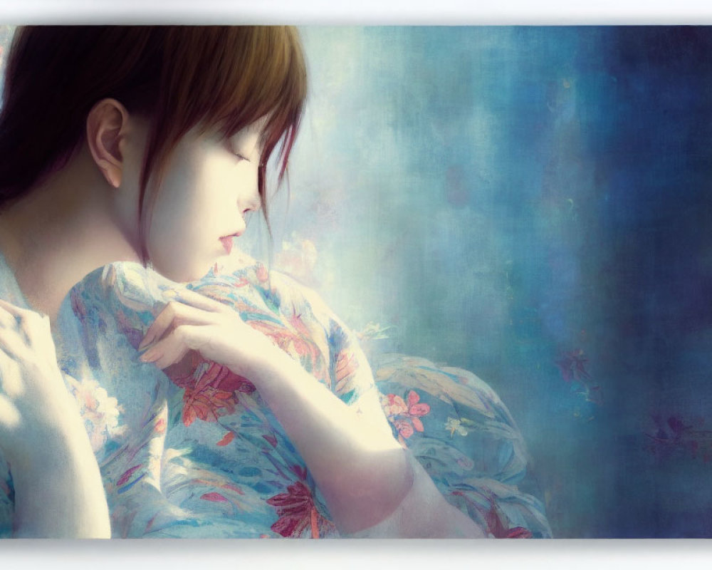 Tranquil illustration of woman with closed eyes and floral fabric in serene blue setting
