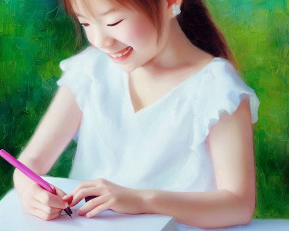 Smiling girl in white top writing with pink pen on green background
