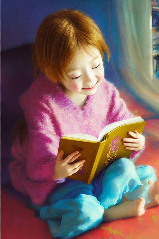 Young child in pink sweater reading yellow book beside shelf