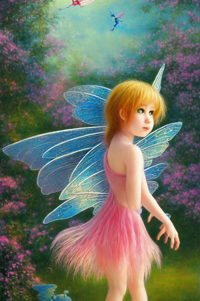 Enchanting fairy illustration with blue wings and pink dress in floral setting