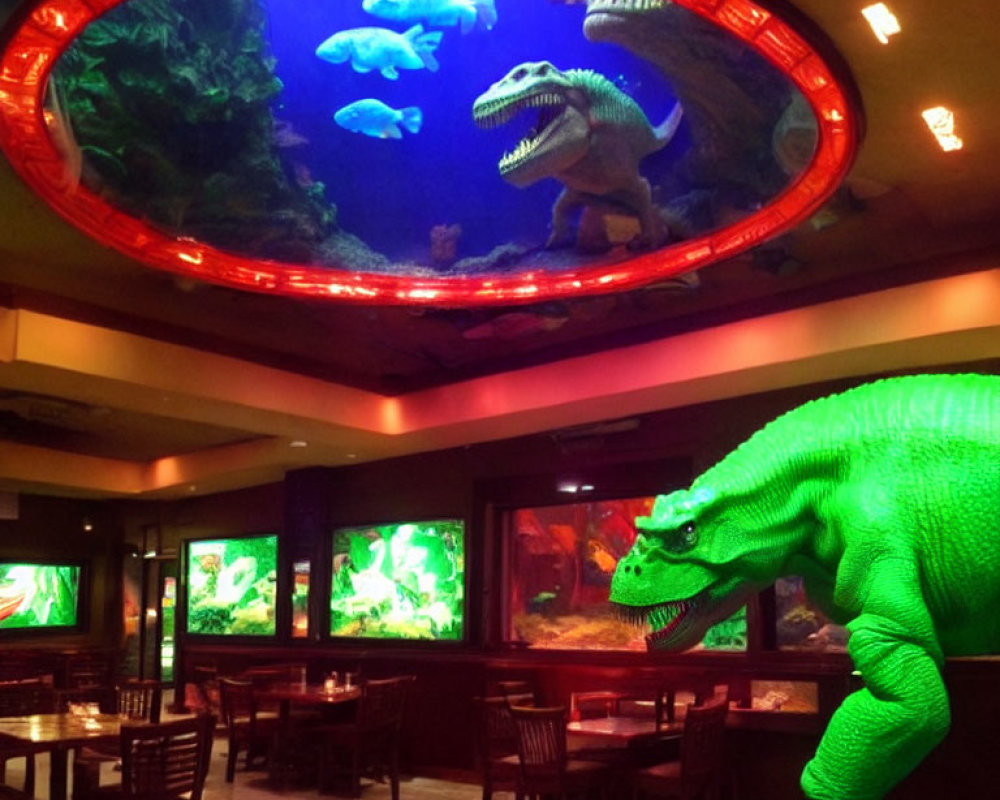 Colorful Dinosaur-Themed Restaurant Interior with T-Rex Statue & Aquarium