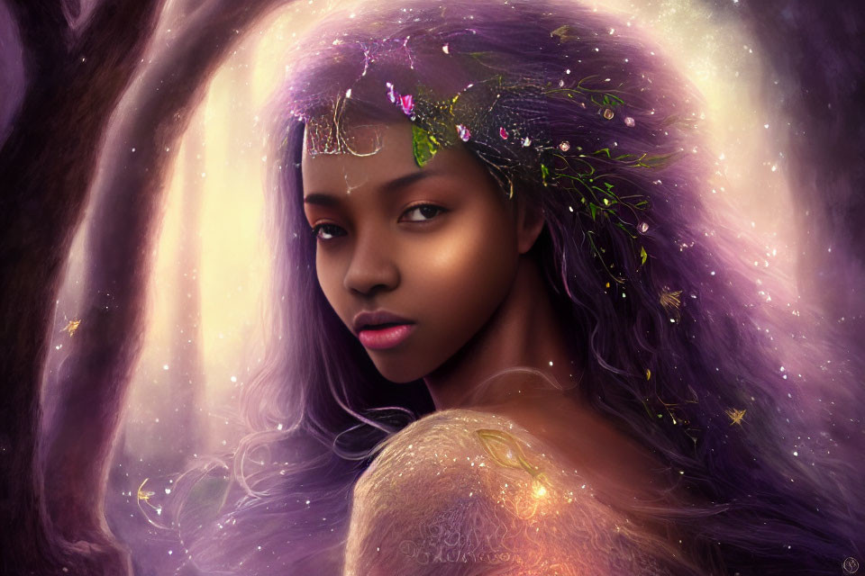Ethereal purple-haired woman with mystical aura and greenery.