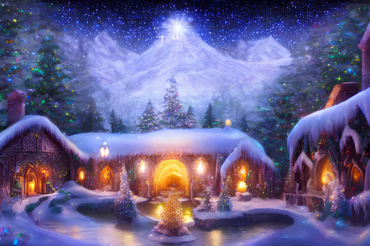 Snow-covered winter village with cozy cottages and shining star in night sky