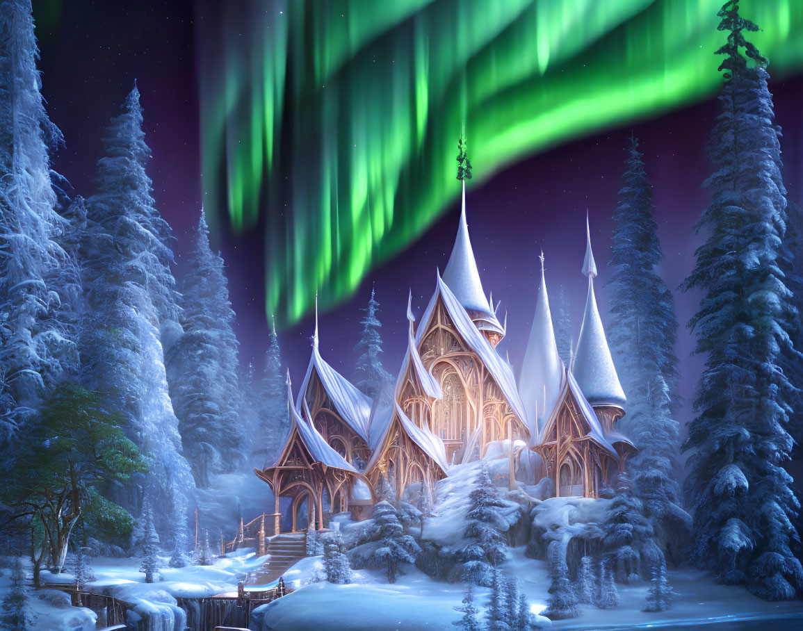 Winter night scene with wooden structure, snow-covered trees, and vibrant aurora borealis.