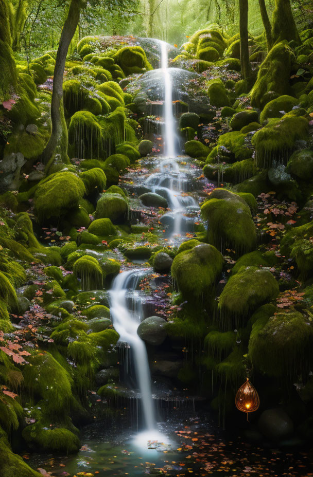 Tranquil waterfall in lush forest with hanging lantern