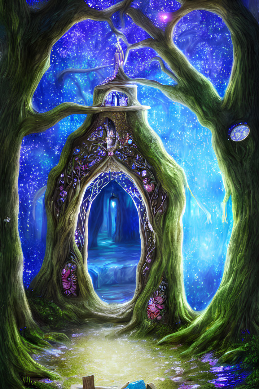 Enchanted forest scene with mystical arched gateway and glowing blue aura