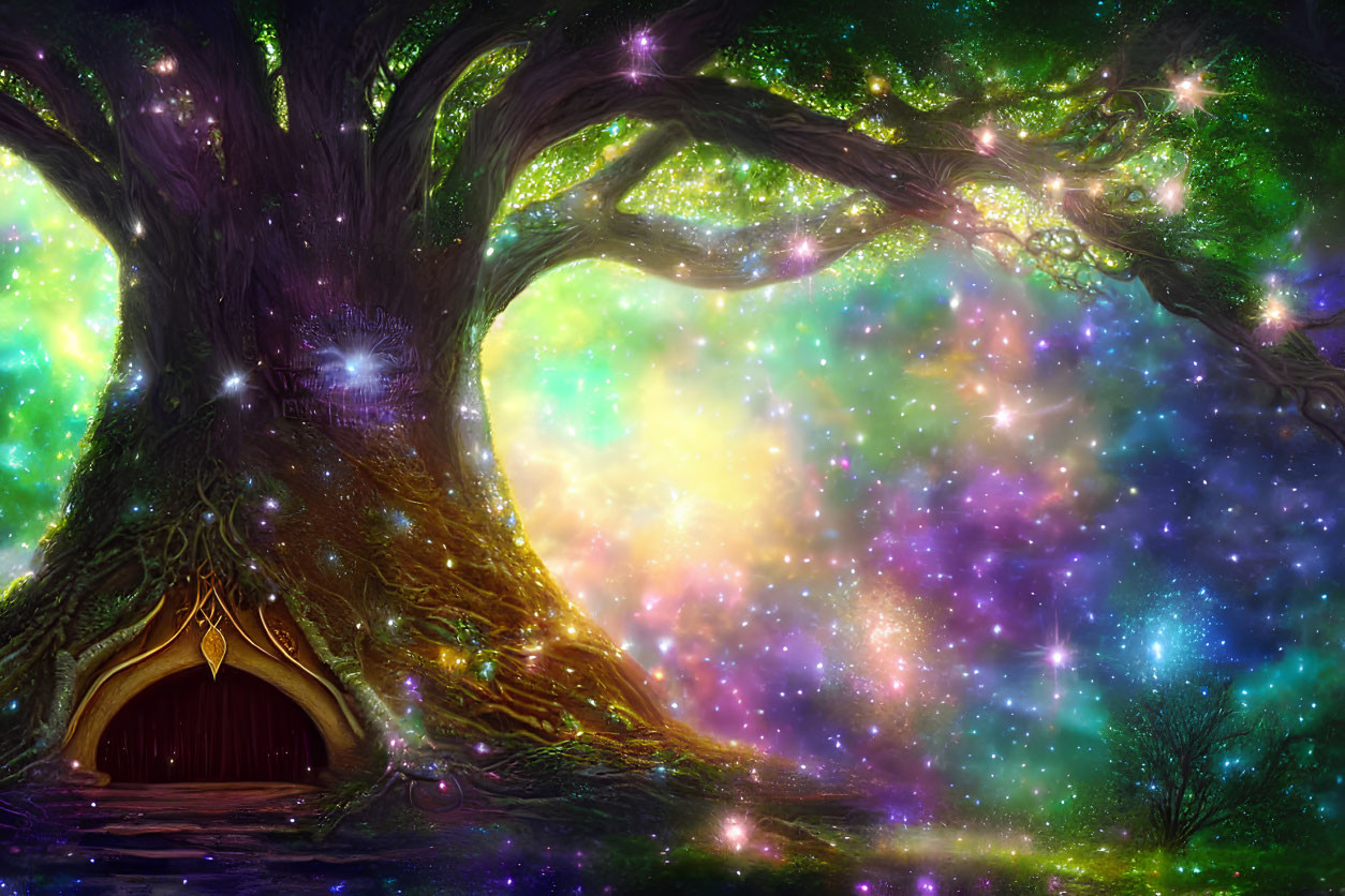 Enchanting tree with door on colorful starry background