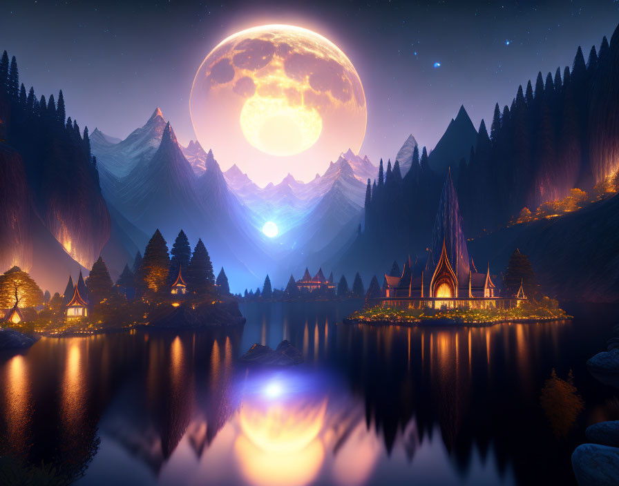 Fantasy landscape at night: moon, mountains, starry sky, illuminated pine trees, castle reflected