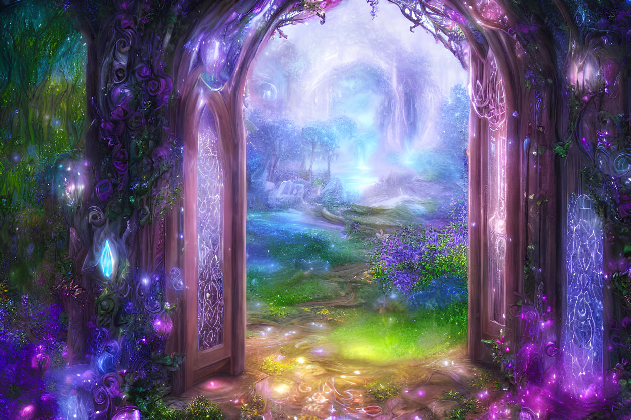 Enchanting forest glade with glowing crystals and mystical pathway