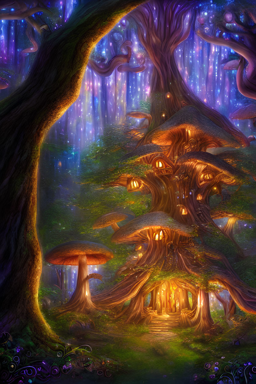 Enchanted forest with glowing trees, illuminated door, whimsical mushrooms