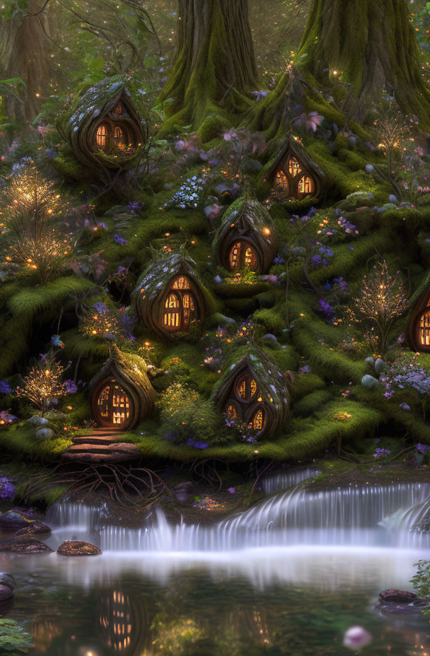 Whimsical enchanted forest with treehouses, glowing lights, greenery, flowers, and waterfall