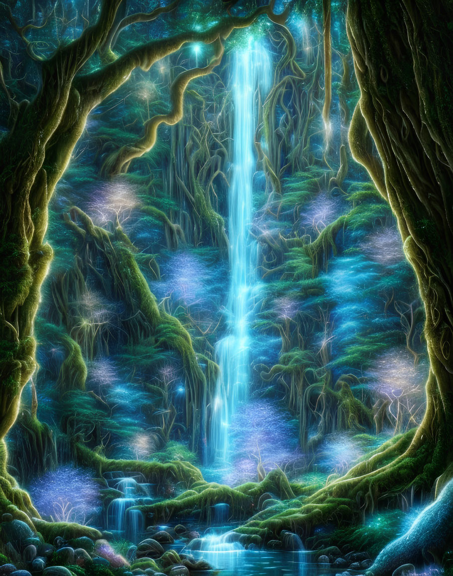 Enchanting forest scene: vibrant blue waterfalls, moss-covered trees