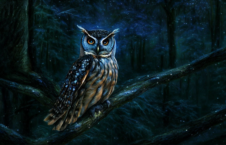 Owl with orange eyes on branch in mystical forest