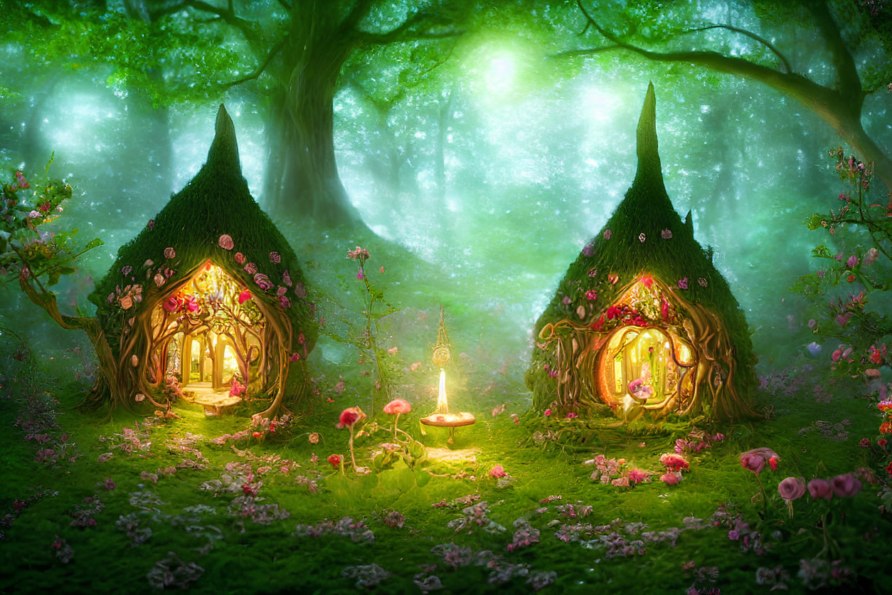 Enchanted forest with whimsical fairy tale cottages