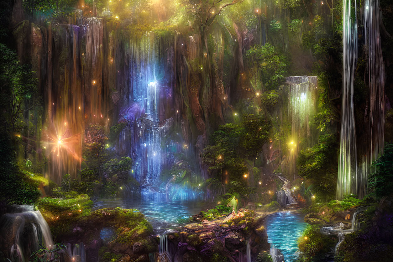 Luminous waterfalls and glowing orbs in enchanted forest scene