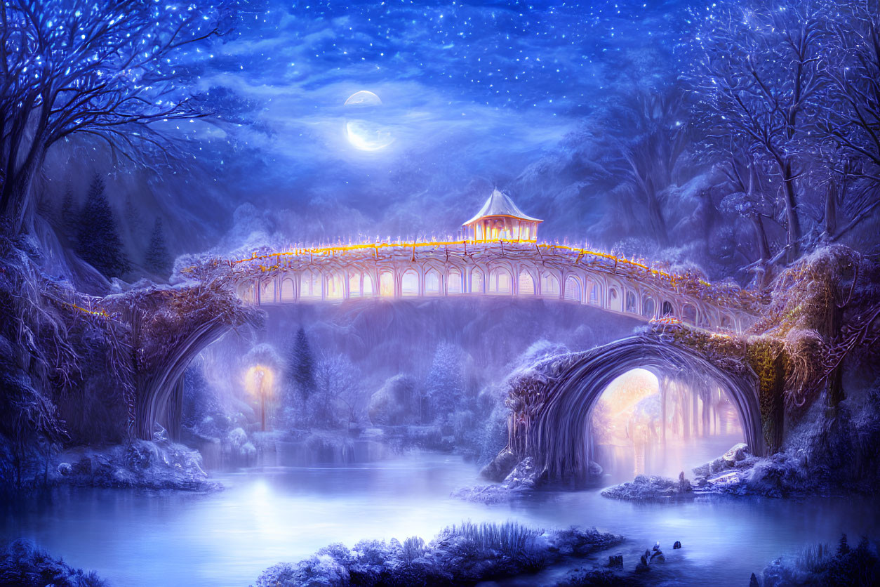 Ornate illuminated bridge over snowy river under starry night sky