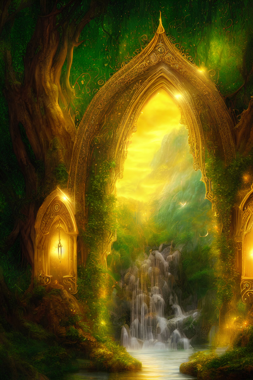 Enchanting forest scene with ornate gateway and waterfall