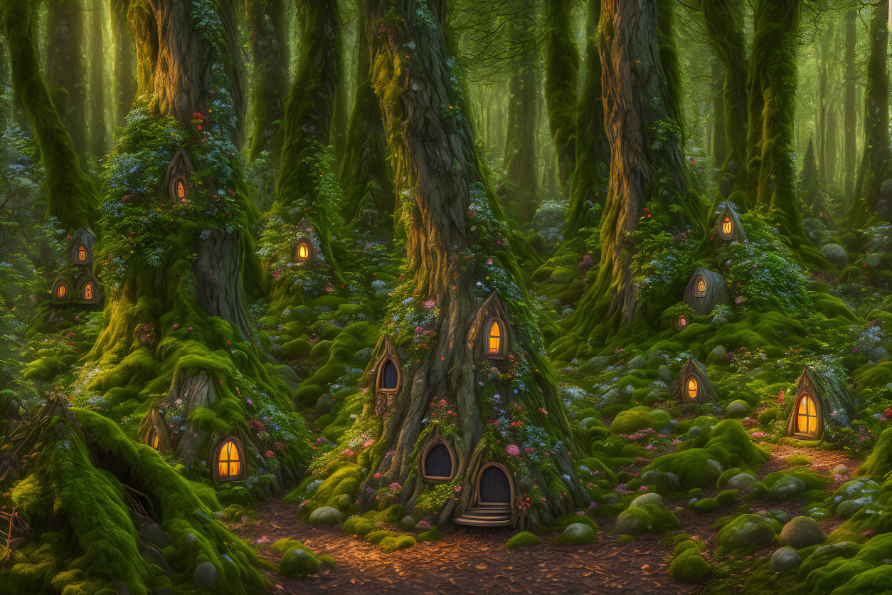 Whimsical enchanted forest with glowing treehouses and moss-covered floor