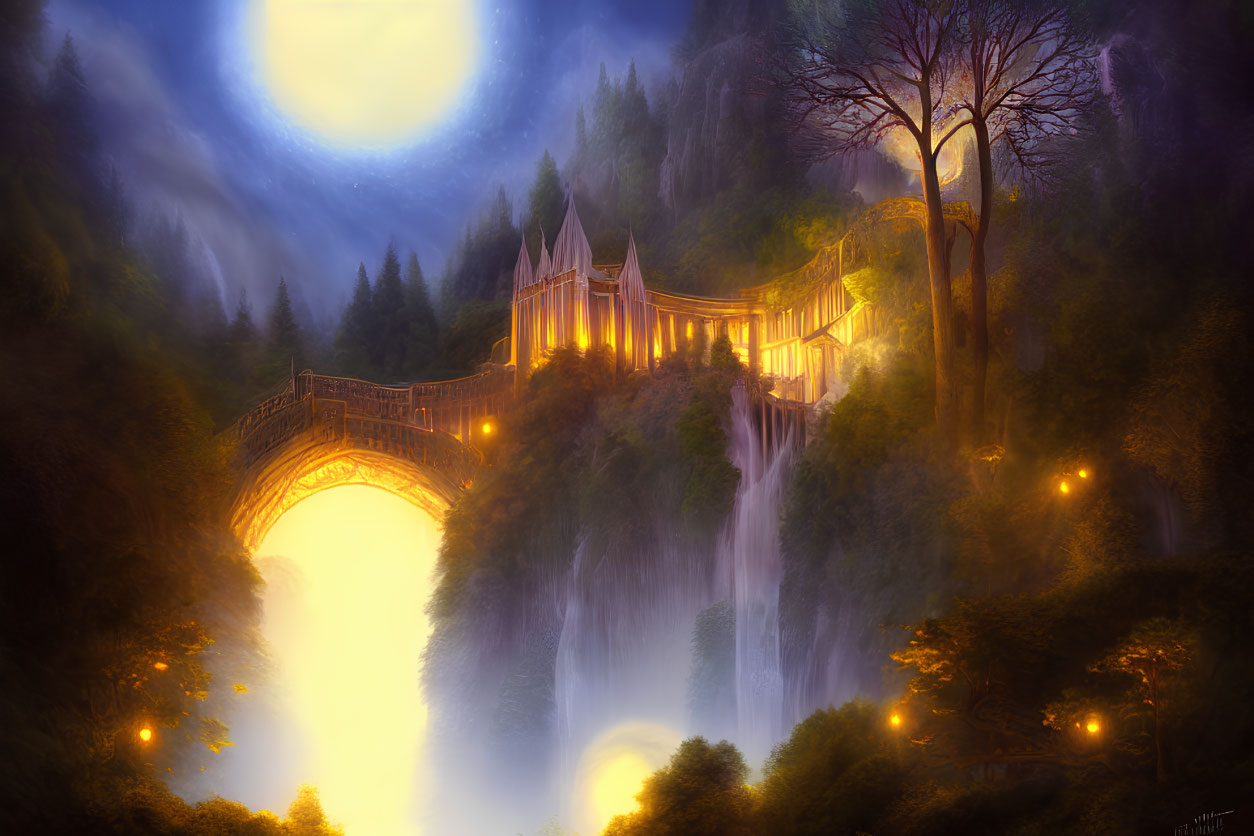 Fantasy landscape with illuminated bridge, castle in misty forest, and glowing moon orb