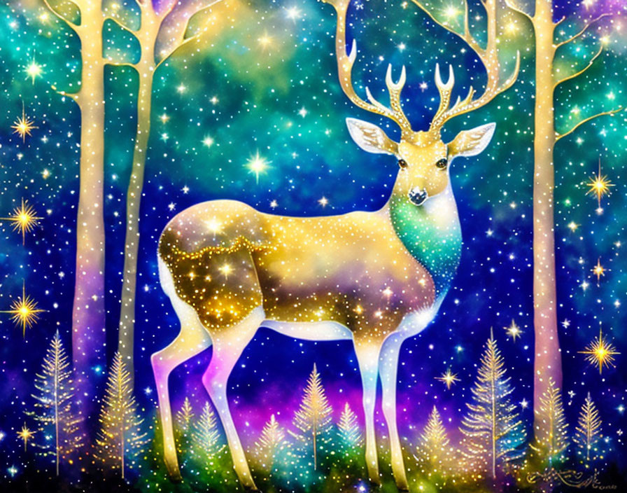 Illustration of golden deer in mystical night sky