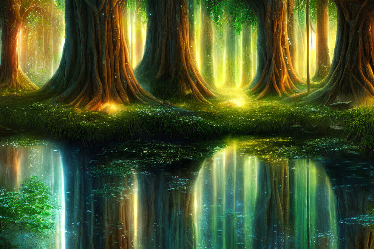 Majestic twilight forest with towering trees and serene water body