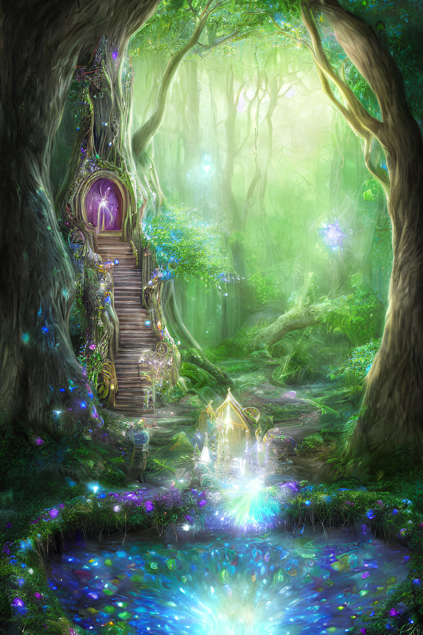 Enchanting forest scene with magical treehouse, glowing flowers, shimmering lights, and radiant pond