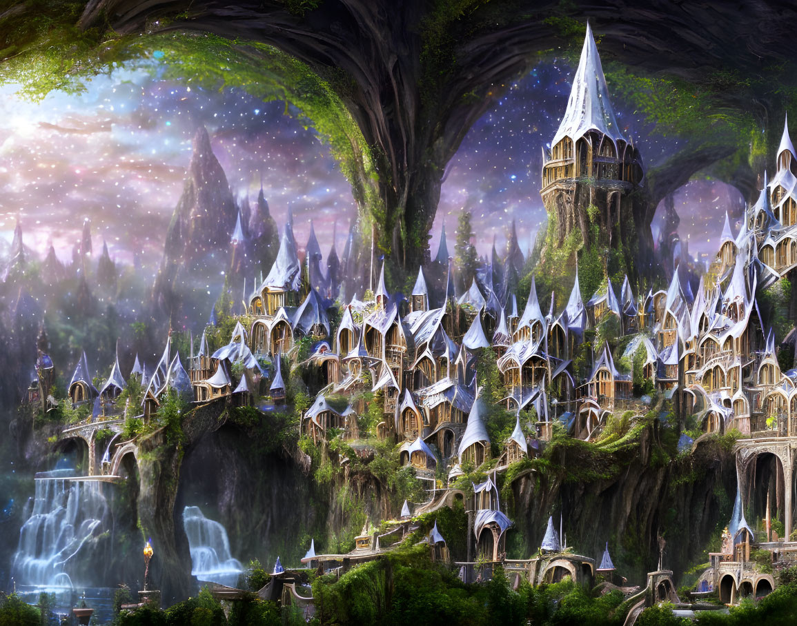 Fantasy landscape with tree city, waterfalls, starry sky, and ethereal glow